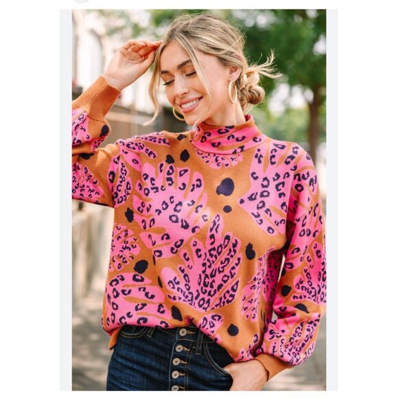 New! NWT Fate Curve Janice Turtleneck Camel and Hot Pink Leopard Sweater  1XL MS - Picture 1 of 10